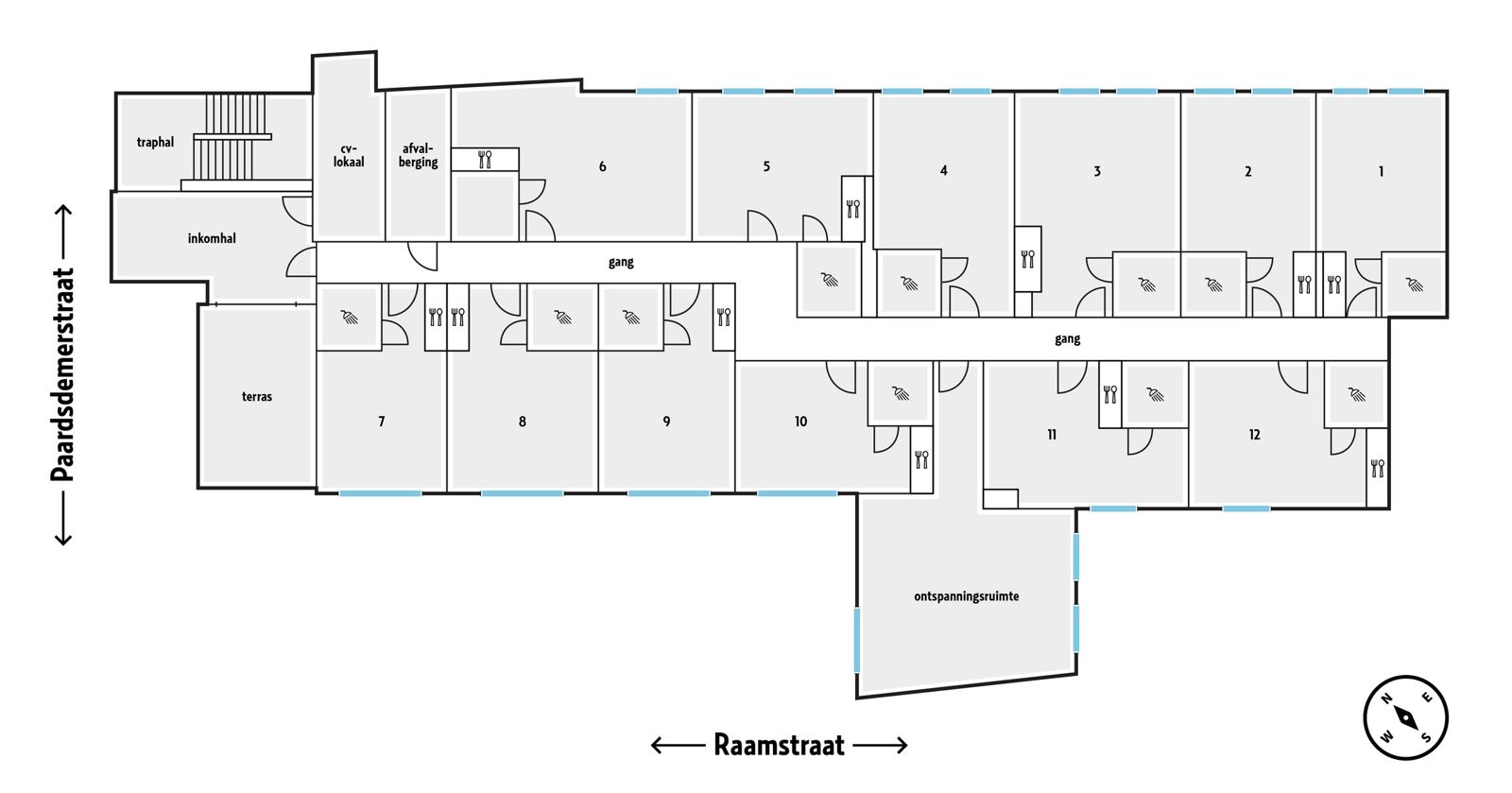 Grondplan van de twaalf studentenkamers tussen de Paardsdemerstraat en de Raamstraat